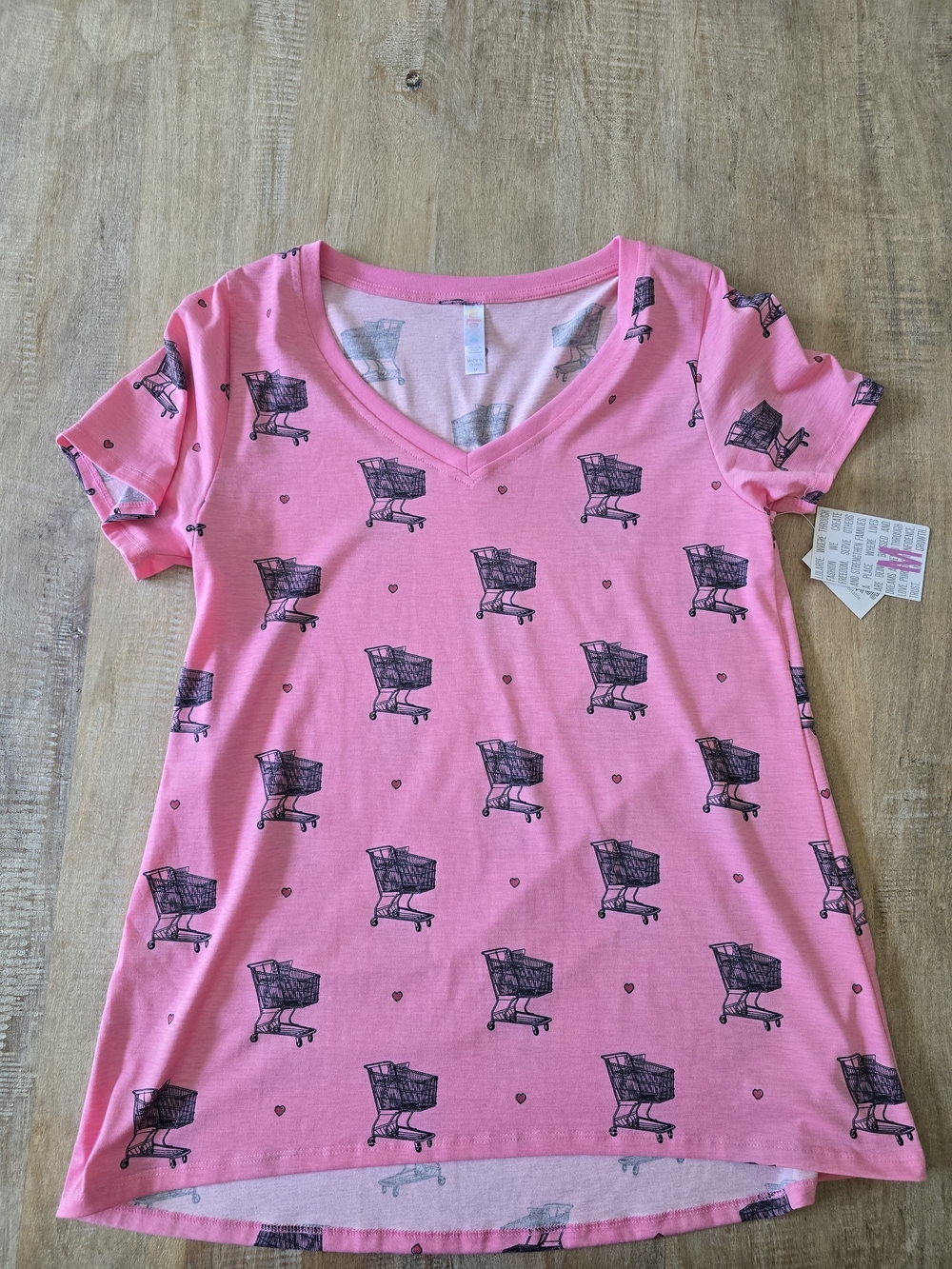 LuLaRoe Pink Tee with Black Shopping Cart & Heart Print